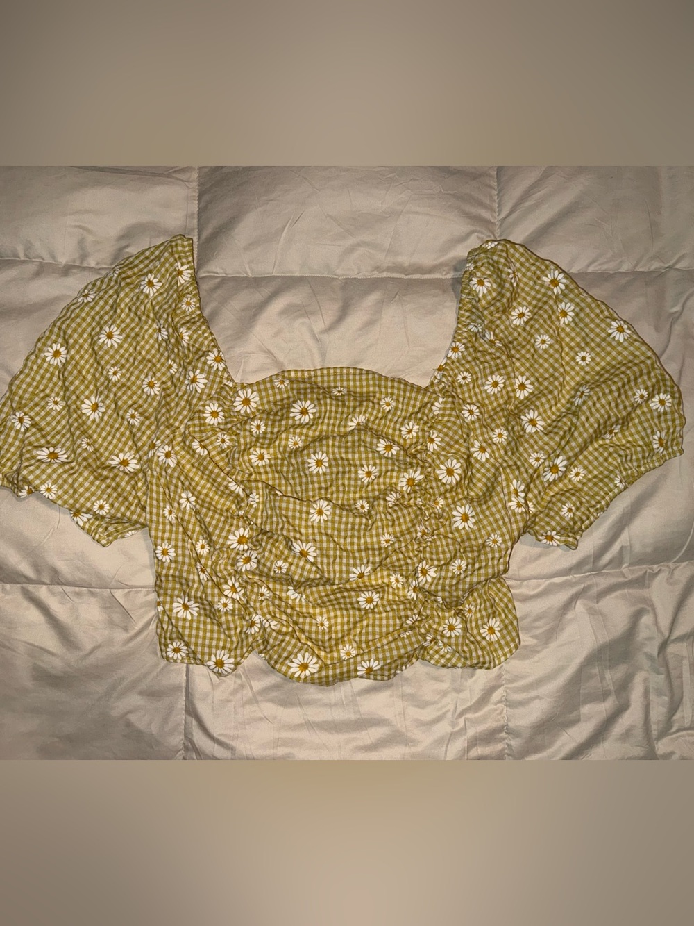 SHEIN Yellow Gingham Daisy Ruched Crop Top